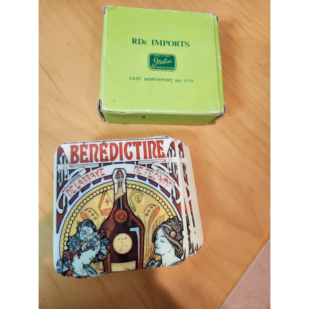 Vintage‎ Italia Benedictine Art Nouveau Coaster Set Made in Italy w/ Box rare